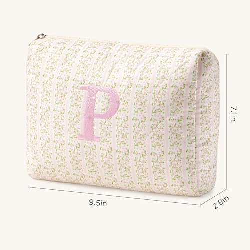 HBselect Initial Quilted Makeup Bag, Pink Cosmetic Travel Toiletry Bag, Flowers Coquette Zipper Make Up Pouch Organizer Teen Girl Gift Trendy Stuff P - color: 1Pc Medium Pinkflower, style: P