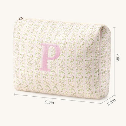 HBselect Initial Quilted Makeup Bag, Pink Cosmetic Travel Toiletry Bag, Flowers Coquette Zipper Make Up Pouch Organizer Teen Girl Gift Trendy Stuff P - color: 1Pc Medium Pinkflower, style: P