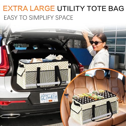Extra Large Utility Tote Bag with Reflective Strip, Standing Reusable Grocery Bags with Hard Bottom, Collapsible Utility Tote with Handles for Shopping, Beach, Picnics, Car, Striped Gray - color: Twill Gray