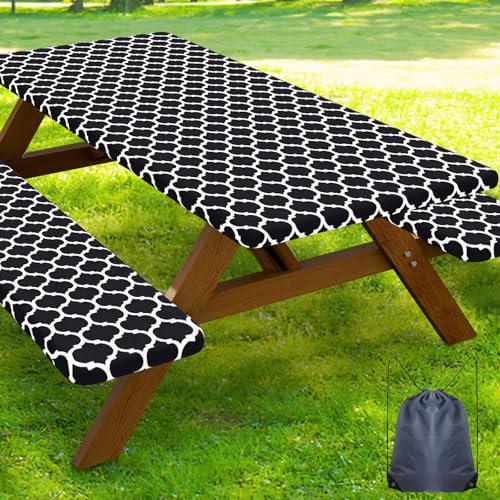Smiry Picnic Table Cover with Bench Covers, Waterproof Elastic Fitted Tablecloth for 5 Foot Tables, Washable Polyester Tablecloths for Camping, Indoor & Outdoor (Black, 30x60 Inch 3-pc Set) - color: Black, size: 30"x60"