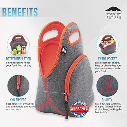 Nordic By Nature Insulated Neoprene Lunch Bag, Soft & Foldable Washable & Reusable Extra-Pocket (M) Dark Grey/Red - color: Darkgray/Red, size: Medium