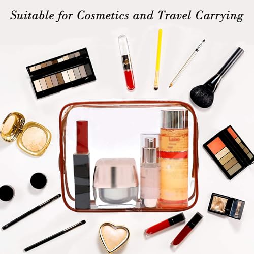 APREUTY Clear Makeup Bags, TSA Approved 6Pcs Cosmetic Makeup Bags Set Clear PVC w/Zipper Handle Portable Travel Luggage Pouch Airport Airline Bags Bathroom (Coffee) - color: Coffee-6PCS(Large+Medium+Small)