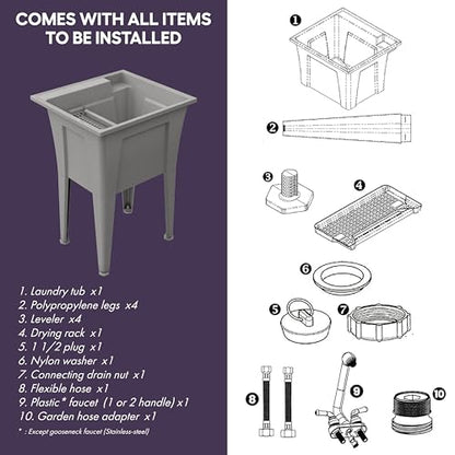 Freestanding Utility Sink with One Handle Black Faucet - 24" Plastic Utility Sink for Garage, Laundry, Indoor and Oudoor Use - Laundry Tub Kit by Noah William Home - Grey (19.5 gal) - color: Grey - One handle black faucet