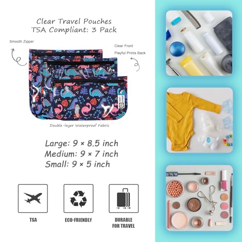 HIONXMGA TSA Approved Toiletry Bag, Set of 3 Clear Travel Toiletry Bag Quart Size Zipper Travel Pouch, Waterproof Makeup Cosmetic Bag for Women Men Kids Toiletries Carry on, Dinosaur - color: Dinosaur, Mixed Sizes