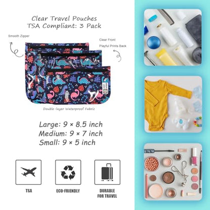 HIONXMGA TSA Approved Toiletry Bag, Set of 3 Clear Travel Toiletry Bag Quart Size Zipper Travel Pouch, Waterproof Makeup Cosmetic Bag for Women Men Kids Toiletries Carry on, Dinosaur - color: Dinosaur, Mixed Sizes