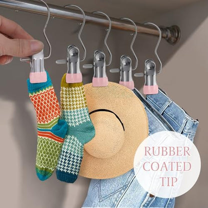 50PCS Space-Saving Clothespin, Portable 360° Rotating Stainless Steel Hanging Hook Clips Towel Clips,Laundry Hooks Hanging Clips with Clips for Home and Travel, Pink - color: Pink