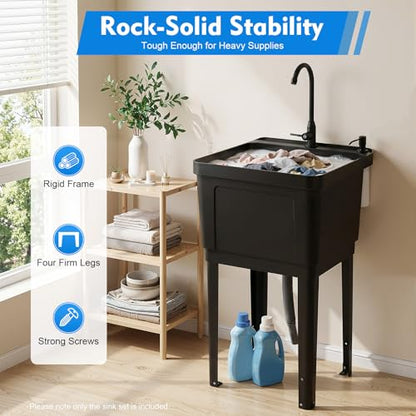 Black Utility Sink, Free Standing Laundry Sink, Laundry Tub Sink with Faucet+Soap Dispenser+Drain Pipe Kit, Laundry Room Sink for Restaurants, Laundries, Stores - color: Black, 19.7 x 19 x 33.1in