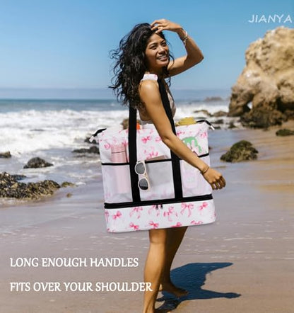JIANYA Beach Bag Women Waterproof Sandproof Beach Tote Bags with Cooler Top Zipper Large Totes for Pool Travel Daily - color: Pink Bow