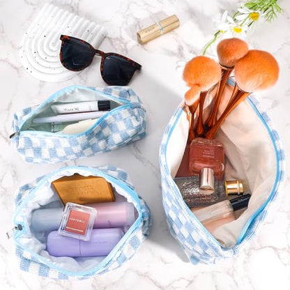 ZLFSRQ 3Pcs Checkered Makeup Bag for Women Large Small Checkered Cosmetic Bag Set Aesthetic Preppy Pencil Case Cute Pencil Pouch Blue Makeup Pouch for Purse Travel Toiletry Bags Zipper Skincare Bags - color: B-Checkered 3Pcs Mix Blue