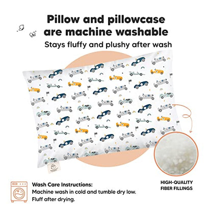 KeaBabies Organic Toddler Pillow with Pillowcase, Jumbo 14X20 - Soft Cotton Toddler Pillows for Sleeping - Machine Washable - Perfect for Travel, Toddler Bed Set (Racecars) - color: Racecars