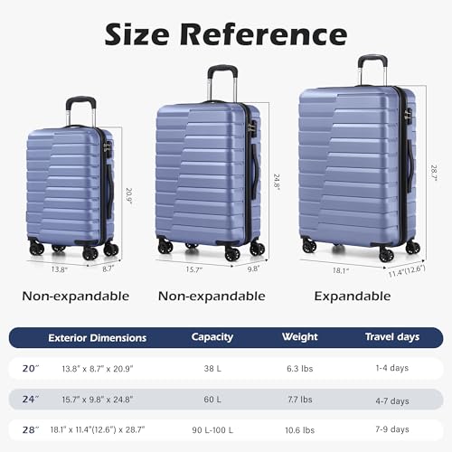 Coolife Luggage Sets, 3 Piece Hard Shell Suitcase Set with Spinner Wheels, Expandable Large Checked Luggage, Lightweight Rolling Carry On with TSA Lock Blue - color: blue, size: 3 Piece Set (20in/24in/28in)