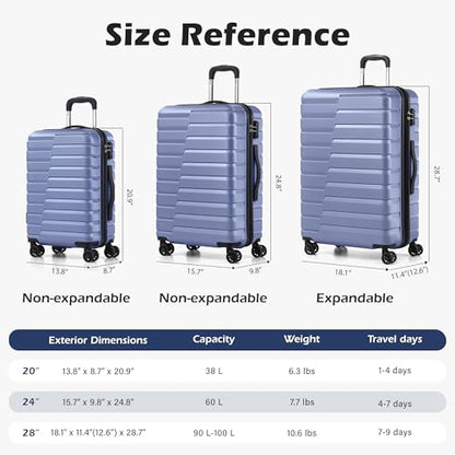 Coolife Luggage Sets, 3 Piece Hard Shell Suitcase Set with Spinner Wheels, Expandable Large Checked Luggage, Lightweight Rolling Carry On with TSA Lock Blue - color: blue, size: 3 Piece Set (20in/24in/28in)