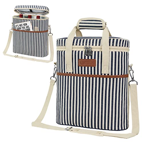 Opux 3-Bottle Wine Carrier Tote, Insulated Leakproof Cooler Bag, Portable Wine Bottle Tote for Picnic, BYOB, Beach - Stripe - color: Navy Stripes
