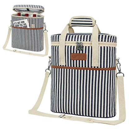 Opux 3-Bottle Wine Carrier Tote, Insulated Leakproof Cooler Bag, Portable Wine Bottle Tote for Picnic, BYOB, Beach - Stripe - color: Navy Stripes