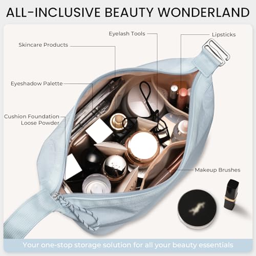 HauteHues Travel Makeup Bag for Women, Roomy Cosmetic Bag and Toiletry Bag with Wide Open Design, Soft Nylon Pouch for Makeup, Skincare, Toiletries, Gym, Carry-On and Weekend Trips, Gray Blue - color: Blue