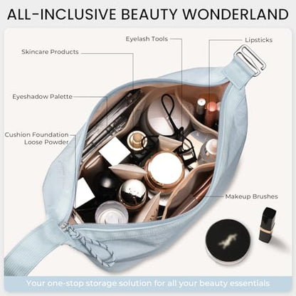 HauteHues Travel Makeup Bag for Women, Roomy Cosmetic Bag and Toiletry Bag with Wide Open Design, Soft Nylon Pouch for Makeup, Skincare, Toiletries, Gym, Carry-On and Weekend Trips, Gray Blue - color: Blue