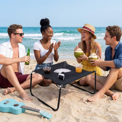 Portable Beach Table Foldable Camping Picnic Table with Cup Holder and Phone Pockets Lightweight Stable for Tailgate Travel Fishing Hiking and Outdoor Adventures(Black,Solid Pattern) - color: Black