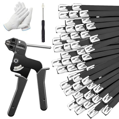 150 PCS 11.8 Inch Black Galvanized Steel Cable Ties Kit with Cable Tie Gun, Screwdriver and Protective Gloves, Heavy Duty 304 Metal Zip Ties Complete Tool Set for Industrial, Automotive, Fence Use - color: Black, size: 150PCS 1.81x11.8 Inch