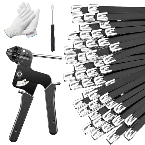150 PCS 11.8 Inch Black Galvanized Steel Cable Ties Kit with Cable Tie Gun, Screwdriver and Protective Gloves, Heavy Duty 304 Metal Zip Ties Complete Tool Set for Industrial, Automotive, Fence Use - color: Black, size: 150PCS 1.81x11.8 Inch