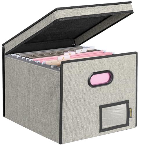 BALEINE File Organizer Box with Lid, Collapsible File Folder Organizer with Plastic Slide, Hanging File Folder Box for Office Document Storage (Tab Friendly, 1 Pack, Beige) - color: Beige, size: 1 Pack (Tab Friendly)