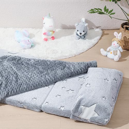 Preschool Nap Mat with Pillow and Blanket, 21" x 50" Glow Sleeping Bag Toddler Nap Mat for Daycare Kids, 2" Thick All in one Foldable Floor Mattress for Girl Boys - style: Star Pattern