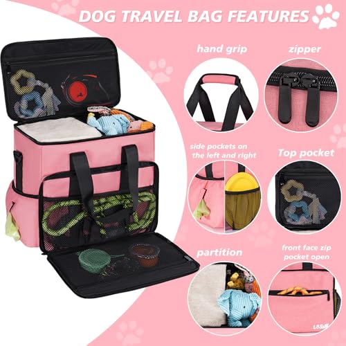 5 Set Dog Travel Bag for Supplies, Dog Lovers, Large Pet Travel Kit Includes 2 Food Containers, 2 Collapsible Bowls, Pink - color: Flamingo Tourmaline