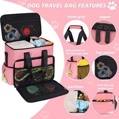 5 Set Dog Travel Bag for Supplies, Dog Lovers, Large Pet Travel Kit Includes 2 Food Containers, 2 Collapsible Bowls, Pink - color: Flamingo Tourmaline