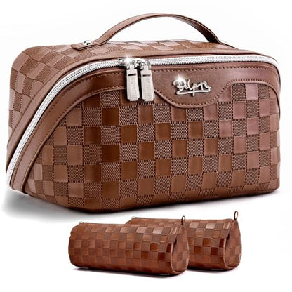 BOYATU Travel Makeup Bag Organizer: 3 Pcs Set Large Capacity Cosmetic Bags Holds 10–20 100ml Full-Size Bottles - 180°Open-Flat Make up Case 3-sec touch-up - Toiletry Bag Gift women (03-A-Coffee) - color: 01-F-Coffee