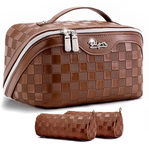 BOYATU Travel Makeup Bag Organizer: 3 Pcs Set Large Capacity Cosmetic Bags Holds 10–20 100ml Full-Size Bottles - 180°Open-Flat Make up Case 3-sec touch-up - Toiletry Bag Gift women (03-A-Coffee) - color: 01-F-Coffee