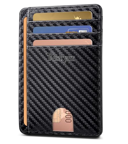 Teskyer Slim Wallet for Men, Minimalist Front Pocket RFID Blocking Leather Wallet Credit Card Holder for Men & Women - color: Carbon Fiber Black