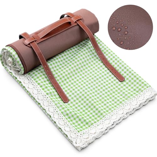 VitalCozy Waterproof Picnic Blankets 59 x 78in Outdoor Blanket Foldable 2 in 1 Double Layer Sandproof Beach Mat with Carry Strap for Camping Lawn Park Beach Grass (Green White) - color: Green White