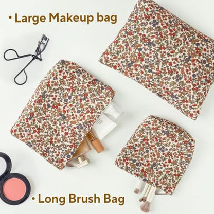 3Pcs Floral Makeup Bags, Cosmetic Bags for Women, Large Capacity Corduroy Makeup bag Set and Portable Mini Makeup Bag,Aesthetic Women Handbags Purses, Travel Essentials Aesthetic Stuff (Floral 01)