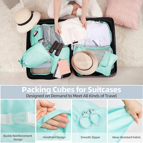 10 Pcs Set Packing Cubes - Travel Packing Organizers, Expandable Suitcase Organizer, Luggage Organizer Bags - color: BRIGHT CYAN