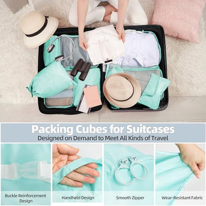 10 Pcs Set Packing Cubes - Travel Packing Organizers, Expandable Suitcase Organizer, Luggage Organizer Bags - color: BRIGHT CYAN