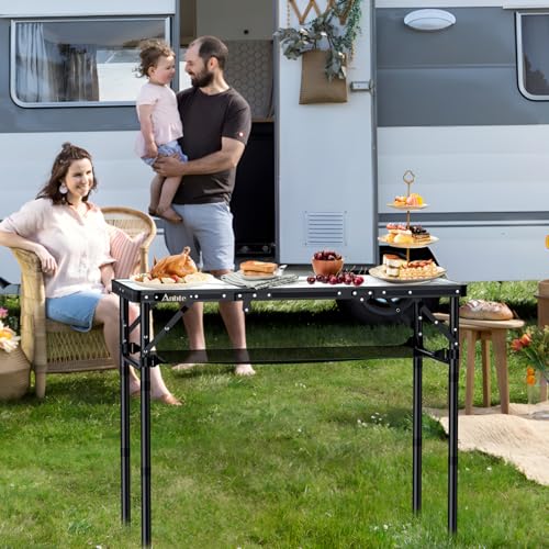 Anbte Folding Camping Table, Aluminum Small Folding Table 3 Adjustable Height Max 27.5", Portable Table with Carry Handle, Lightweight, for Outdoor Indoor Travel Camping Picnic BBQ, 34.6" x 15.7" - color: White Marble Pattern
