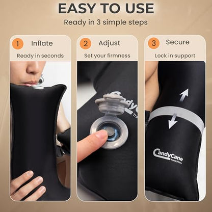 CANDY CANE Inflatable Neck Pillow for Airplane Travel with J-Shaped Design and 360° Support - Head, Neck & Chin Rest for Any Seat, Including Window Leaning - Compact Blow-Up Travel Pillow - color: Navy