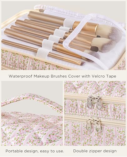 HBselect 2Pcs Travel Makeup Bag, Large Cotton Quilted Makeup Bag Cosmetic Bag Cute Make up Bag Toiletry Bags for Women Girls - color: 2PCS-FLOWER4