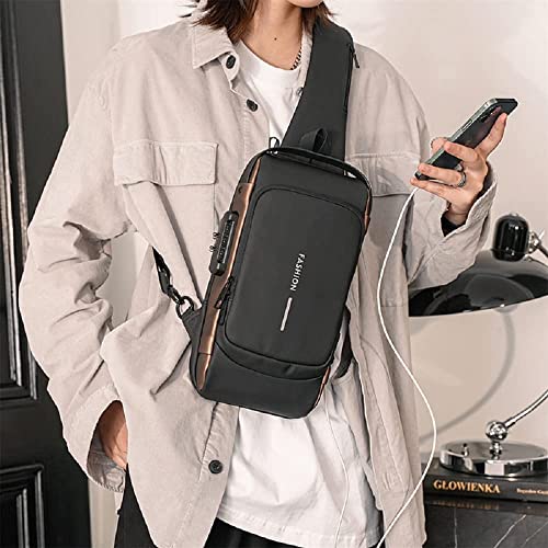 Waterproof Polyester Slim Unisex Crossbody Sling Bag Chest Backpack Men's Shoulder Bag, Leisure Travel Handbag, Hard Shell Anti-Theft Chest Bag, Fashion Bag - Black & Golden, Standard - color: Fashion Bag - Black & Golden