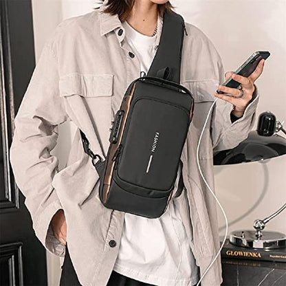 Waterproof Polyester Slim Unisex Crossbody Sling Bag Chest Backpack Men's Shoulder Bag, Leisure Travel Handbag, Hard Shell Anti-Theft Chest Bag, Fashion Bag - Black & Golden, Standard - color: Fashion Bag - Black & Golden