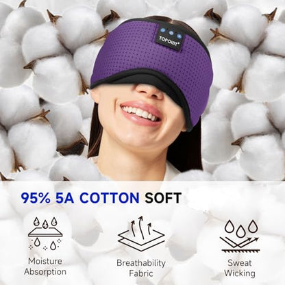 TOPOINT Sleep Mask Headphones Bluetooth Wireless 5.4, Breathable Cotton Eye Mask for Sleeping Side Sleepers Travel Music Headsets with Microphone Handsfree Men Women - color: Deep Purple, style: Breathable