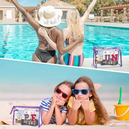 COSHAYSOO Sunscreen Bag Clear Makeup Toiletry Pouch Beach Vacation Essentials for Women Teen Girls Trip Gifts Summer Pool Travel Must Have Accessories Waterproof Stuff - color: Purple-SPF