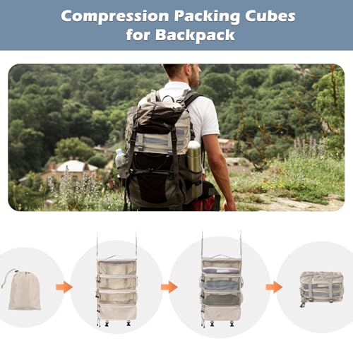 Surblue Hanging Travel Organizer Portable Hanging Luggage Organizer Multiple Compartments Collapsible Compression Closet Packing Cubes,Beige,M - color: Beige, size: Medium