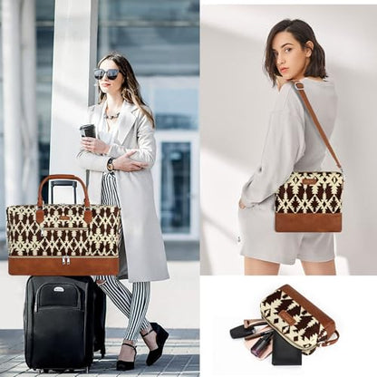 ITIEZY Weekender Overnight Bag for Women - Large Travel Duffel Bag with Shoe Compartment, Gym Duffel Bag Hospital Bag Carry On Tote Bags for Airplanes with Crossbody Bag Toiletry Bag 3Pcs Set - color: 8b-Brown