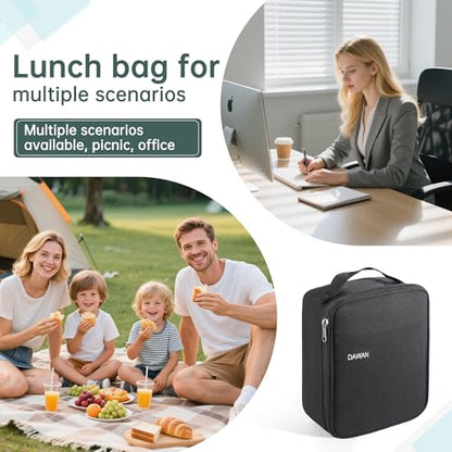 DAWAN freezable Insulated lunch bag,Built in detachable ice pack, Black, Insulated Cooler Tote with Handle for men or women, Keeps food cold or hot 8 to 10 hours, Meal Prep for Work Picnic golf