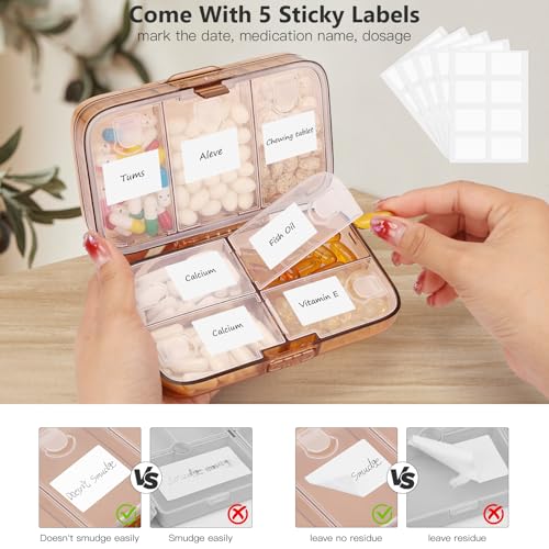 FYY Weekly Pill Organizer with Labels,8 Compartments Travel Daily Pill Case Airtight Moistureproof Large Pill Box to Hold Vitamins, Fish Oil, Supplements,Cotton Swab and Bandages-Brown - color: Brown