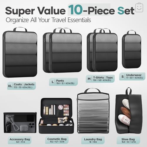 Veken 10 Set Compression Packing Cubes for Travel Essentials,Compressible Expandable Large Luggage Suitcase Organizer Bags for Clothing,Durable Space Saver Storage Bags with Makeup Bag(Black) - color: Black, size: 10 set