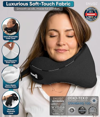 SNUGL Travel Pillow – Neck Pillow Airplane, Travel Pillows for Airplanes, Neck Pillows Memory Foam – Road Trip Essentials for Adults – Traveling Essentials - Gifts for Travelers Men & Women - size: Adult Small