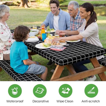 Picnic Table Cover with Bench Covers, Fitted 6ft Waterproof Tablecloth Set for Outdoor Camping & RV - Includes 1 Table Cover & 2 Bench Covers with Drawstring Storage Bag, 30"x72", White Black Grid - color: White Black Grid
