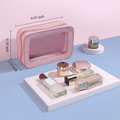 Clear and Waterproof Makeup Bag Portable Travel Cosmetic Case Organizer for Women Toiletry Pouch with Transparent Vinyl Windows & Zippers (Pink) - color: Pink