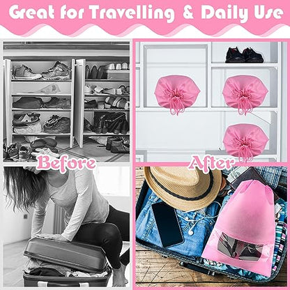 Large Pink Travel Shoe Bags - 10 Pcs, Non-Woven Drawstring with Clear Window (12.6" X 17.3") - color: Pink, style: 10 Pack